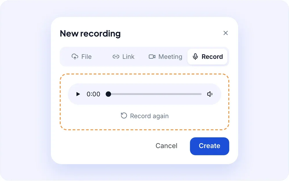 Voxnoto “New recording” dialog with File, Link, Meeting, and Record options, an audio playback bar, and Cancel and Create buttons.