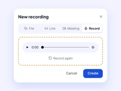Voxnoto “New recording” dialog with File, Link, Meeting, and Record options, an audio playback bar, and Cancel and Create buttons.