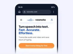 Mobile browser view of voxnoto.com displaying the Voxnoto logo, speech-to-text headline, descriptive text, and an orange “Start transcribing for free” button.