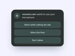 Browser permission dialog stating that voxnoto.com wants to use the microphone, with allow and deny options.