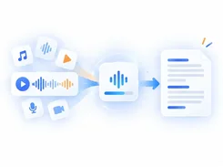 Audio, music, microphone, video, and play icons feed into a waveform processing tile and then a document through a blue arrow.