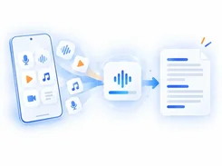 Mobile phone with media icons flowing to a waveform processing tile and then to a document.