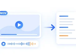 Illustration of a MOV video player and audio waveform flowing by arrow to a text document.
