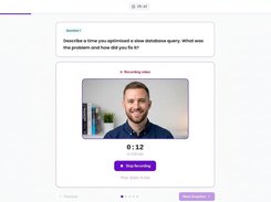Candidate view in the employer's branding: a timed question and in-browser video recording, with no app download or account needed.