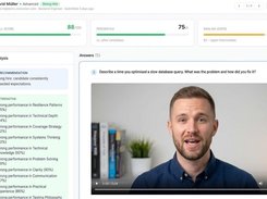 Candidate report: overall AI score, percentile against other applicants, CEFR English level and a hiring recommendation beside each video answer.