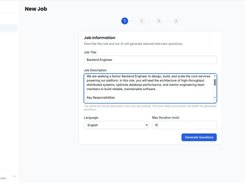 New job setup: describe the role, choose the interview language and maximum duration, and AI generates tailored interview questions.