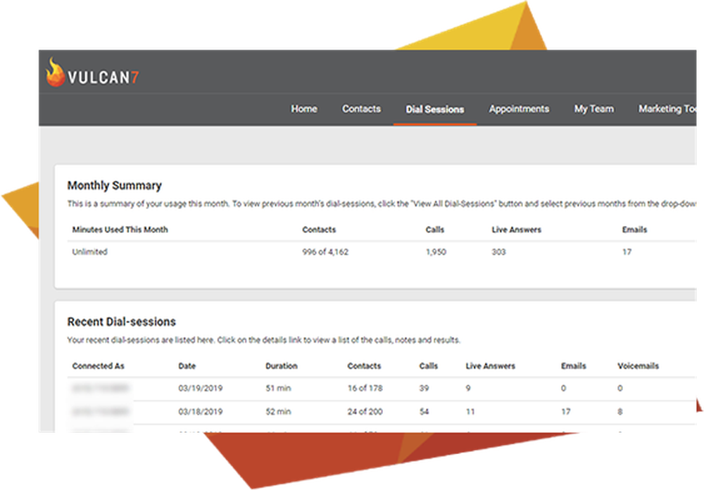 Vulcan7 web dashboard showing a monthly summary and a table of recent dial sessions.