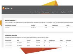 Vulcan7 web dashboard showing a monthly summary and a table of recent dial sessions.