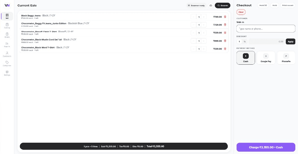 VyaparNext Current Sale screen with line items, quantity controls, checkout fields, payment method buttons, totals, and a cash charge button.