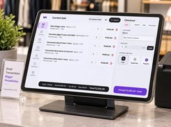 VyaparNext Current Sale checkout interface listing five apparel items, prices, payment options, and a charge button on a POS display.