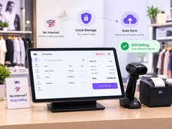 VyaparNext point-of-sale checkout screen in a retail counter setup, with an offline-status indicator and text describing local storage and automatic sync.