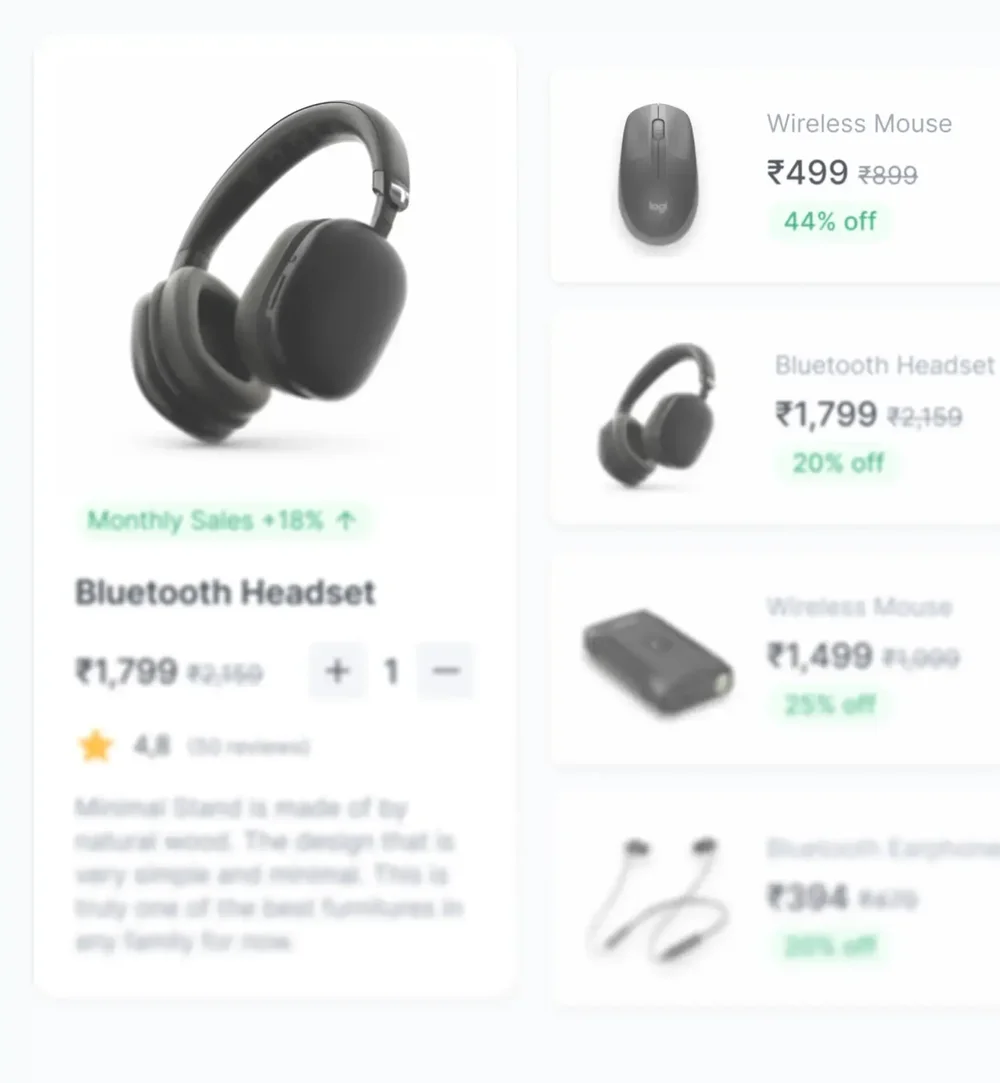 Blurred shopping-catalog interface showing a Bluetooth headset product card alongside discounted accessory listings in Indian rupees.