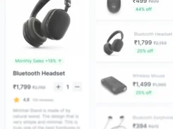Blurred shopping-catalog interface showing a Bluetooth headset product card alongside discounted accessory listings in Indian rupees.