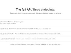 The full API is three endpoints: POST creates the pass on both wallets, PUT updates and pushes it, DELETE revokes it.