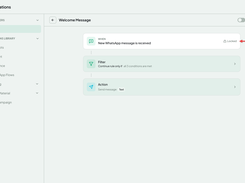 Welcome Message automation workflow showing a new WhatsApp message trigger, a filter step, and a send-message action.