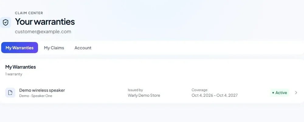 Warly Claim Center dashboard showing a customer's warranty list, navigation tabs, and an active warranty for a demo wireless speaker.
