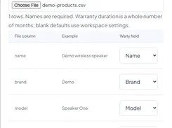 Warly Import products dialog showing CSV upload instructions and column mappings for a demo wireless speaker product.