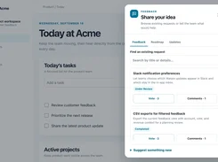 A desktop workspace screen with a “Share your idea” feedback widget overlaid on an Acme task dashboard.