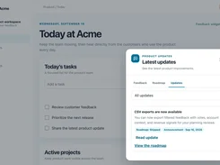 A desktop task dashboard with a “Latest updates” product-updates widget overlaid on the right side.