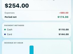 Earnings report — income, expenses and payment methods across branches, with revenue by hour
