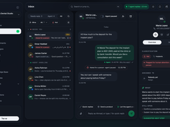 Dark mode inbox with lead heat, topic, assignee and an AI brief for every conversation