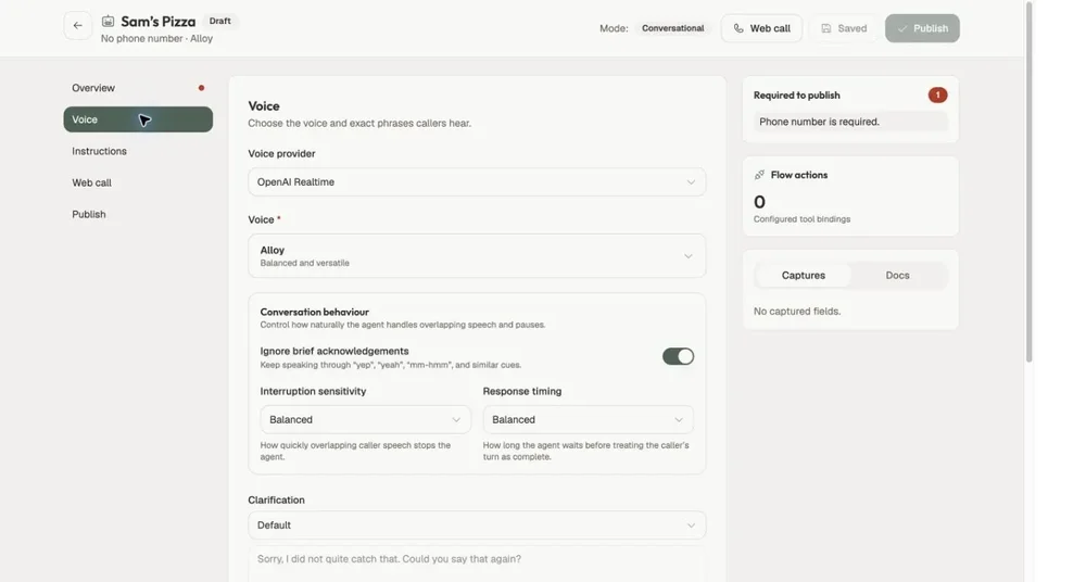 Voice-agent configuration screen for Sam’s Pizza with OpenAI Realtime selected as the voice provider and controls for conversation behaviour.