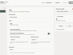 Voice-agent configuration screen for Sam’s Pizza with OpenAI Realtime selected as the voice provider and controls for conversation behaviour.