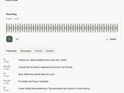 Inbound phone-call record showing a recording waveform, playback controls, and a transcript of a vehicle service booking conversation.