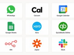 Grid of labeled integration tiles for WhatsApp, Cal.com, Google Calendar, Google Sheets, Xero, QuickBooks Online, n8n, Zapier, and Slack.