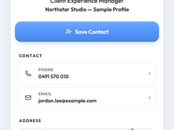 Wave digital business card sample profile with contact details, links and a Save Contact button.