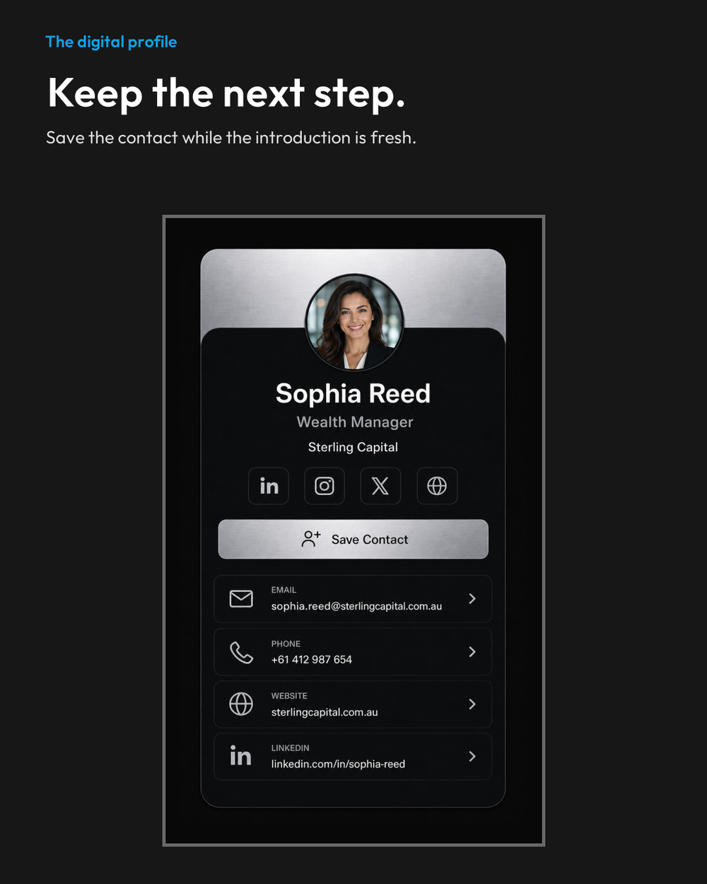 Live Wave digital profile with contact sharing, save contact and social links.