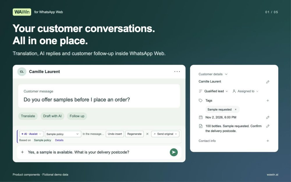 WAWin for WhatsApp Web: translation, AI reply drafts, and customer follow-up. Product components with fictional demo data.