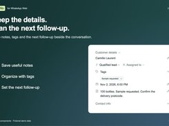 Keep customer notes, tags, and follow-up reminders beside the conversation. Product components with fictional demo data.