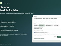 Schedule a message and choose retry and cancellation options. Requires Pro or Team, with Chrome and WhatsApp Web open and connected. Fictional demo data.