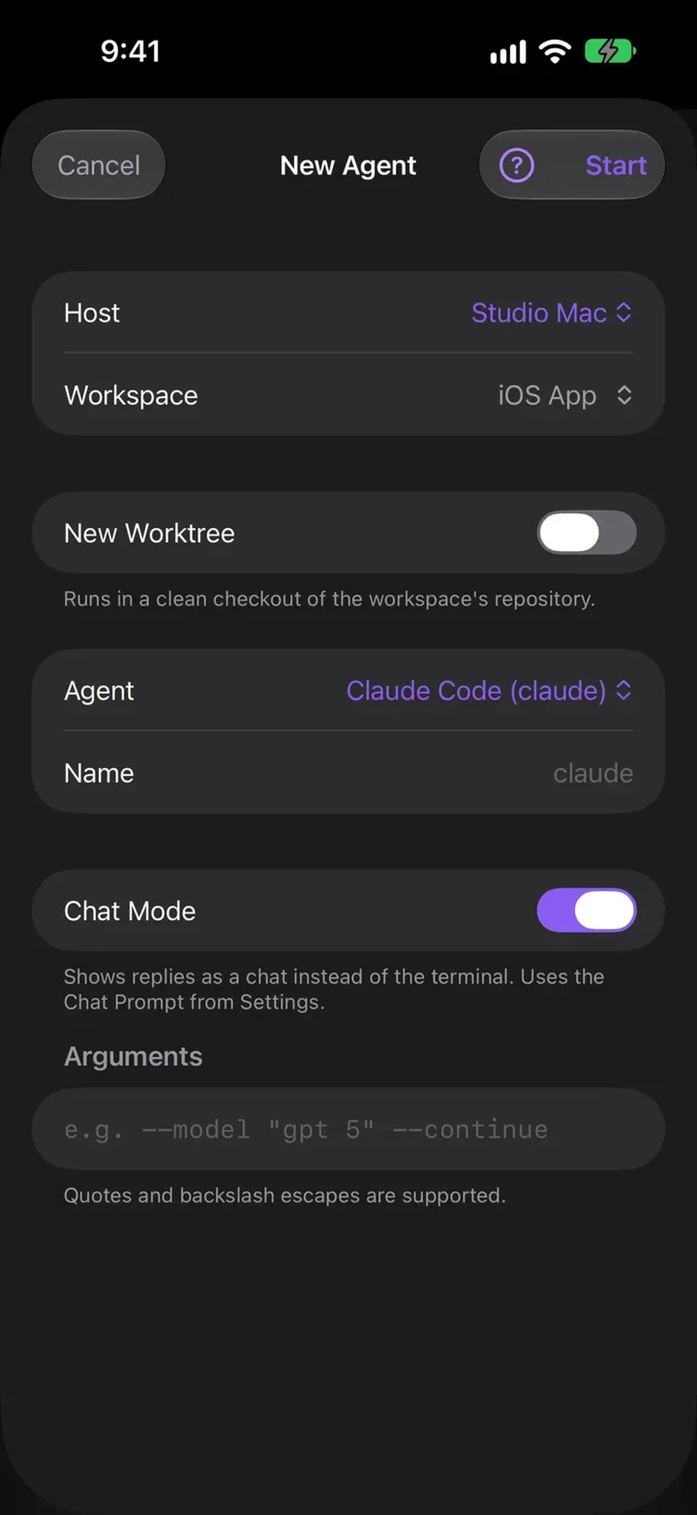 Mobile dark-mode New Agent form with host and workspace selectors, worktree toggle, agent selection, chat mode toggle, and arguments field.