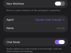 Mobile dark-mode New Agent form with host and workspace selectors, worktree toggle, agent selection, chat mode toggle, and arguments field.