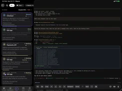 Landscape tablet interface with an agent task list on the left and a terminal-style coding session on the right showing source edits and passing checkout tests.