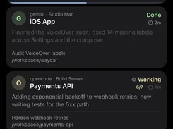 Mobile dark-mode task list with filters and cards for Checkout, iOS App, Payments API, and other agent tasks, with status labels including Blocked, Done, and Working.