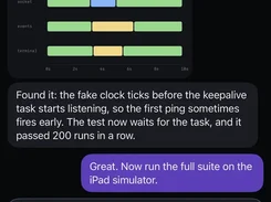 Mobile dark-mode chat screen showing a reconnect-test discussion, a timeline chart, and an approval card for a Bash command.