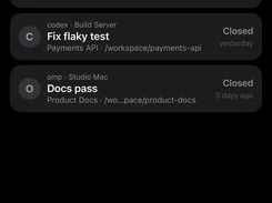 Mobile dark-mode closed-task list showing completed cards such as Bump dependencies, Refactor auth, Fix flaky test, and Docs pass.