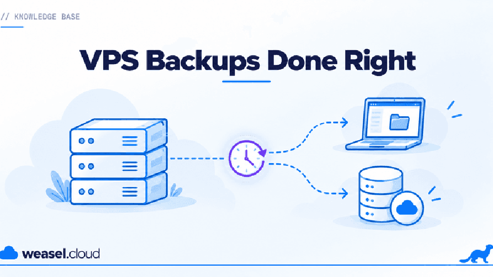 English VPS backup diagram showing stacked servers connected through a clock to a laptop folder and cloud database.