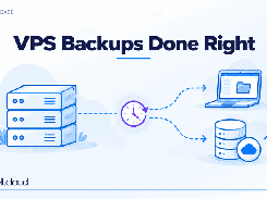English VPS backup diagram showing stacked servers connected through a clock to a laptop folder and cloud database.