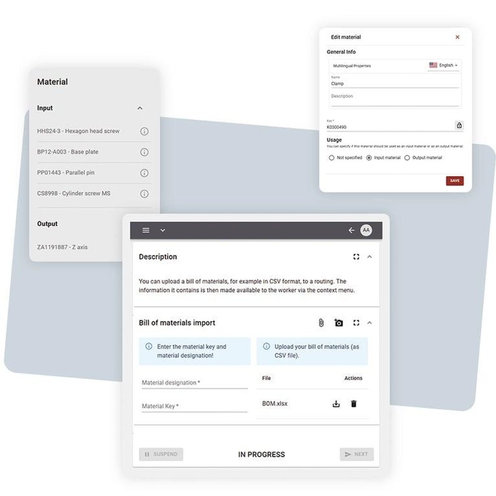 Material-management screens show an input and output list, an edit-material form, and a bill-of-materials import panel.