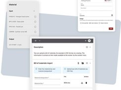 Material-management screens show an input and output list, an edit-material form, and a bill-of-materials import panel.
