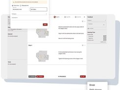 A work-execution interface shows assembly instructions, illustrated steps, feedback, working-time controls, and a break menu.