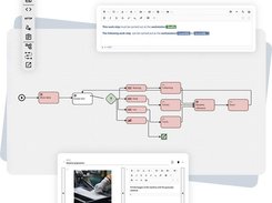 A workflow editor shows connected process blocks, a rich-text instruction panel, and a work-instruction preview with a photo and text.