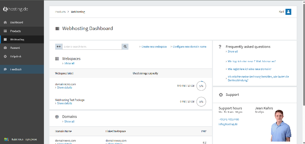 Webhosting dashboard