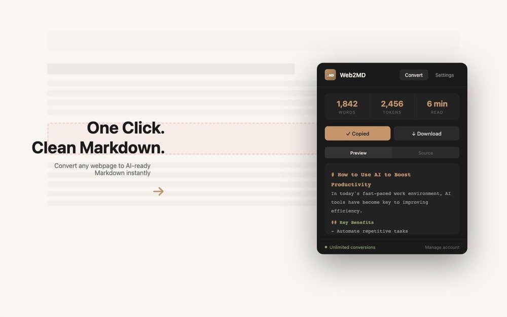 Web2MD extension panel showing word, token, and reading-time counts; Copied and Download controls; Preview and Source tabs; and a Markdown preview.