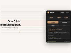 Web2MD extension panel showing word, token, and reading-time counts; Copied and Download controls; Preview and Source tabs; and a Markdown preview.