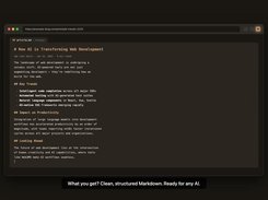 Dark browser-style window showing a Markdown article titled “How AI is Transforming Web Development,” with headings, paragraphs, and bullet points.
